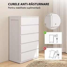 HOMCOM Dulap cu 5 Sertare pentru Dormitor, Dulap Depozitare cu Glisiere Metalice și Canelură, Cufăr Alb, Ideal pentru Spațiu și Stil | Aosom România