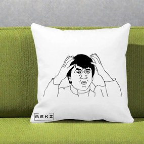 Perna Decorativa Jackie Chan WTF, 40x40 cm, Alba Mata, Husa Detasabila, Perna Inclusa, BEKZ®