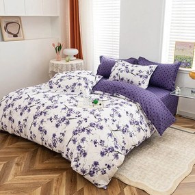 Lenjerie de pat cu 2 fete, policoton, 4 piese, pat 2 persoane, alb / mov , A50-625