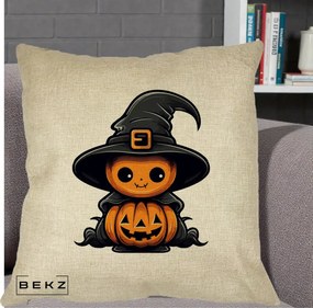 Perna Decorativa Halloween Dovleac Vrajitor Kawaii, 40x40 cm, Crem, Husa Detasabila, Perna Inclusa, BEKZ®