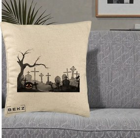 Perna Decorativa Halloween Cimitir Acuarela cu Dovleac, 40x40 cm, Bej, Husa Detasabila, Perna Inclusa, BEKZ®