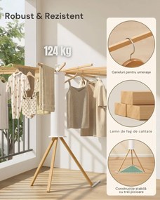 Uscător rotativ de rufe AIRYWOOD cu brațe din lemn, Ø112x122 cm, maro natura SongmicsHome