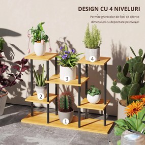 Outsunny Suport plante interior etajeră plantă cu 6 nivele cadru din oțel bază lemn masiv 80 x 24 x 61,5 cm lemn natural | Aosom Romania