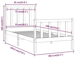 Cadru de pat Small Single 2FT6, 75x190 cm, lemn masiv Maro, 75 x 190 cm