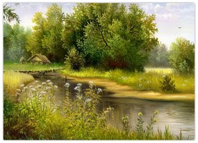 Tablou pe sticlă - Râu lângă pădure, pictură în ulei (70x50 cm)