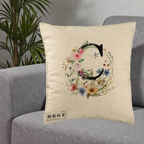 Cadou Personalizat - Perna Personalizata Monogram Litera C cu Flori Acuarela, 40x40 cm, Bej, Husa Detasabila, Perna Inclusa, BEKZ®