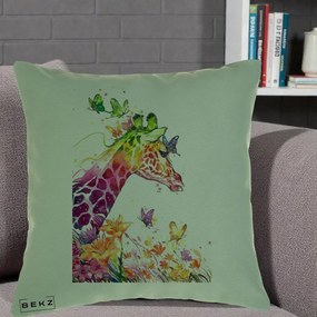 Perna Decorativa Girafa Curcubeu Acuarela, 40x40 cm, Verde, Husa Detasabila, Perna Inclusa, BEKZ®