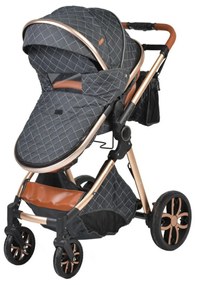 Carucior nou nascuti 2 in 1 NOVOKIDS™ Alma Gold PRO , Cu geanta bebe, Cadru Aluminiu , Amortizoare, Roti din cauciuc plin AVE, Landou, Modul sport,