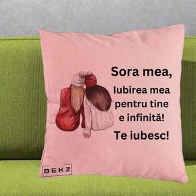 Cadou pentru Sora - Perna Personalizata Sora Mea Te Iubesc Doua Fete Iarna Acuarela, 40x40 cm, Roz, Husa Detasabila, Perna Inclusa, BEKZ®