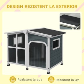 PawHut Căsuță pentru Câini din Lemn, cu Tendă de Protecție, Fereastră și Acoperiș Rabatabil, 101x66,5x70,5cm, Gri Închis | Aosom Romania