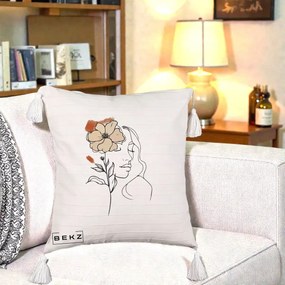 Perna Decorativa Portret Feminin Floare Bej Terracotta, 40x40 cm, Bej cu Franjuri, Husa Detasabila, Perna Inclusa, BEKZ®