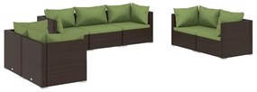 Set mobilier de gradina cu perne, 7 piese, maro, poliratan maro si verde, 6x colt + mijloc, 1