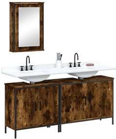 vidaXL Set mobilier de baie, 3 piese, stejar fumuriu, lemn prelucrat