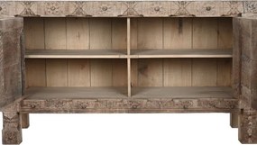 Bufet rustic din lemn reciclat, natur, cu 2 uși, decor sculptat manual și balamale fluture din metal, 92 x 167 x 51 cm, „Rigora”