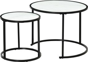 HOMCOM Lot de 2 Mese de Cafea Rotunde telescopice empilabile Blat din lemn aspect marmură și Picior metalic negru | Aosom Romania