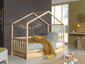 Set DALLAS culoare lemn natural format dintr-un Pat copii Vipack cu gard (90 x 200 cm) și un sertar.