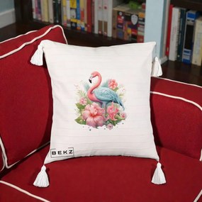 Perna Decorativa Flamingo cu Hibiscus Tropical, 40x40 cm, Bej cu Franjuri, Husa Detasabila, Perna Inclusa, BEKZ®