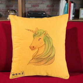 Perna Decorativa Unicorn Acuarela Pastel, 40x40 cm, Galben, Husa Detasabila, Perna Inclusa, BEKZ®