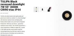 Spot LED incastrabil TULIPA Black recessed downlight 7W 55° 3000K CRI90 triac IP44