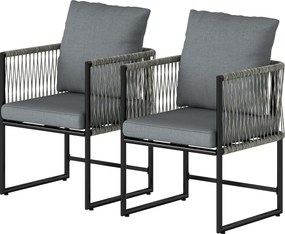 Outsunny Set 2 scaune de grădină rezistente la intemperii din oțel și PE-Rattan cu pernă cotieră spătar 52x52x66 cm Gri închis | Aosom Romania