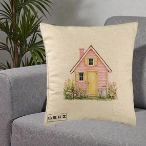 Perna Decorativa Casuta Roz Acuarela cu Gradina, 40x40 cm, Bej, Husa Detasabila, Perna Inclusa, BEKZ®