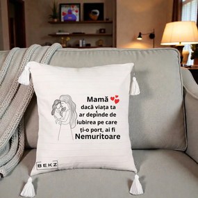 Cadou pentru Mama - Perna Personalizata Mama Nemuritoare cu Copilul in Poala, 40x40 cm, Bej cu Franjuri, Husa Detasabila, Perna Inclusa, BEKZ®