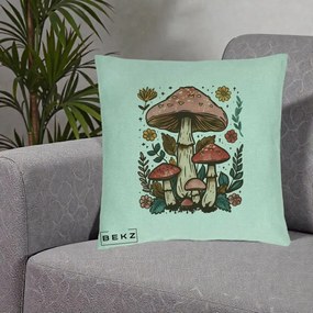 Perna Decorativa Ciuperci Vintage Floral, 40x40 cm, Verde Menta, Husa Detasabila, Perna Inclusa, BEKZ®