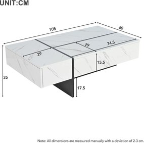 Masă de cafea modernă cu iluminare LED, 3 sertare spațioase, 105x60x35 cm, Alb