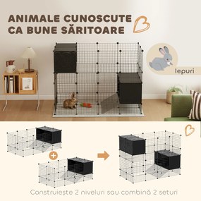 PawHut Cușcă Modulară pentru Animale Mici cu 2 Căsuțe Ridicate, Țarc cu 31 de Panouri, 140x70x52 cm, Negru | Aosom Romania