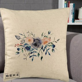 Perna Decorativa Buchet Flori Albastre Acuarela, 40x40 cm, Bej, Husa Detasabila, Perna Inclusa, BEKZ®