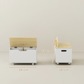 AIYAPLAY Cufăr de jucării pentru copii pe roți, cutie de depozitare pentru copii cu capac rabatabil, 59 x 30 x 53 cm, alb | Aosom Romania