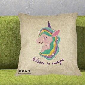 Perna Decorativa Unicorn Believe in Magic, 40x40 cm, Crem, Husa Detasabila, Perna Inclusa, BEKZ®