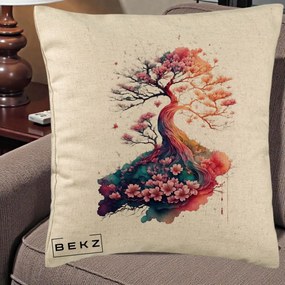 Perna Decorativa Copac Sakura Acuarela Fantasy, 40x40 cm, Bej, Husa Detasabila, Perna Inclusa, BEKZ®