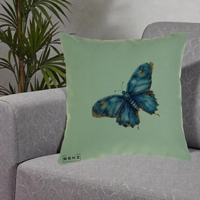 Perna Decorativa Fluture Albastru Satin cu Pete Aurii, 40x40 cm, Verde, Husa Detasabila, Perna Inclusa, BEKZ®