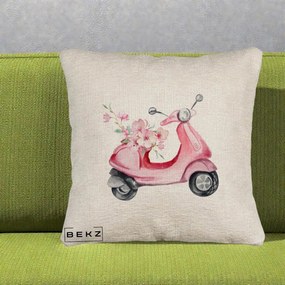 Perna Decorativa Scuter Roz cu Flori Acuarela, 40x40 cm, Bej Canapea, Husa Detasabila, Perna Inclusa, BEKZ®