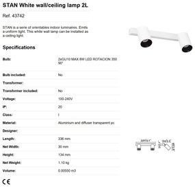 Aplica perete / tavan cu 2 spoturi directionabile design modern STAN 2L alba