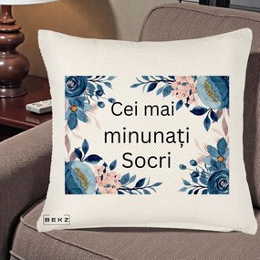 Cadou pentru Socri - Perna Personalizata Cei mai Minunati Socri cu Flori Albastre si Roz, 40x40 cm, Crem Reliefat, Husa Detasabila, Perna Inclusa, BEKZ®