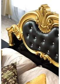 Dormitor Barocco, culoare negru / auriu, cu pat tapitat 160 x 200 cm, dulap cu 6 usi si oglinda, comoda, 2 noptiere (saltea si somiera incluse)