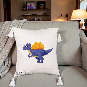 Perna Decorativa Spinozaur Kawaii, 40x40 cm, Bej cu Franjuri, Husa Detasabila, Perna Inclusa, BEKZ®