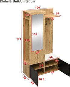 Set pentru hol cu 5 cârlige pentru haine, oglindă, dulap pentru încălțăminte și bancă pentru hol, 100x38x191 cm, Negru+Culoare naturală