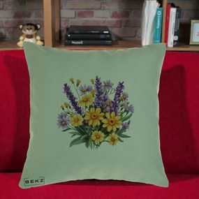 Perna Decorativa Lavanda cu Margarete Galbene si Lila, 40x40 cm, Verde, Husa Detasabila, Perna Inclusa, BEKZ®
