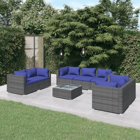 Set mobilier de gradina cu perne, 8 piese, gri, poliratan gri si bleumarin, 6x colt + mijloc + masa, 1