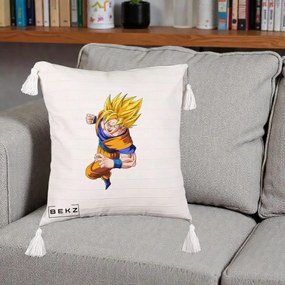 Perna Personalizata Dragon Ball Goku Super Saiyan 2 Lupta, 40x40 cm, Bej cu Franjuri, Husa Detasabila, Perna Inclusa, BEKZ®