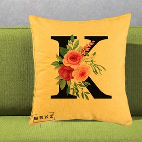 Cadou Personalizat - Perna Personalizata Monograma Florala Litera K, 40x40 cm, Galben, Husa Detasabila, Perna Inclusa, BEKZ®