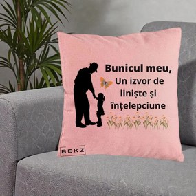 Cadou pentru Bunic - Perna Personalizata Bunicul Meu Izvor de Liniste cu Fluture si Fetita, 40x40 cm, Roz, Husa Detasabila, Perna Inclusa, BEKZ®