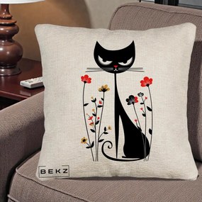 Perna Decorativa Pisica Neagra Grafica Flori Rosii, 40x40 cm, Bej Canapea, Husa Detasabila, Perna Inclusa, BEKZ®