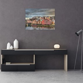 Tablou pe sticlă - Case lângă râu (70x50 cm)