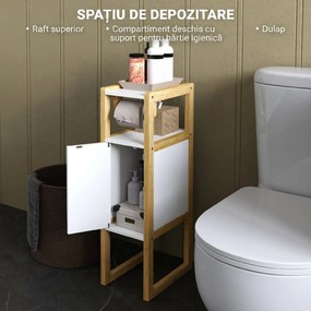 HOMCOM Mobilier de Baie cu Suport pentru Hârtie Igienică, Dulap și Raft, Dulap Compact din Bambus, 20x33x80 cm, Alb | Aosom Romania