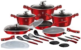 RESIGILAT - Set oale si tigai marmorate, antiaderente, cu capace, ustensile si cutite, 24 piese Burgundy Metalic Line Berlinger Haus BH 7184