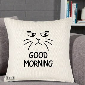 Perna Decorativa Pisica Morocanoasa Good Morning, 40x40 cm, Crem Reliefat, Husa Detasabila, Perna Inclusa, BEKZ®
